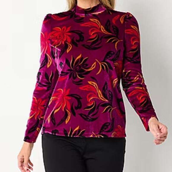 NEW purple velour mock neck with tropical flowers sz M - Picture 1 of 11